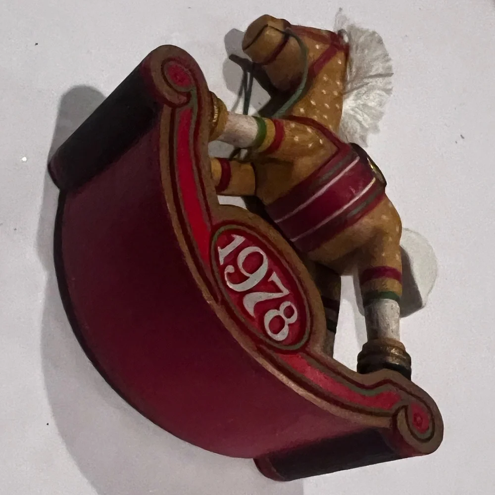 Vintage Wooden Carved Rocking Horse Ornament 1978